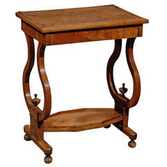 Antique French Late 19th Century Walnut Side Table with Lyre Shaped Legs and Lower Shelf