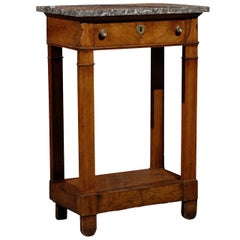 Petite French 1830s Empire Style Walnut Veneered Console Table, Grey Marble Top