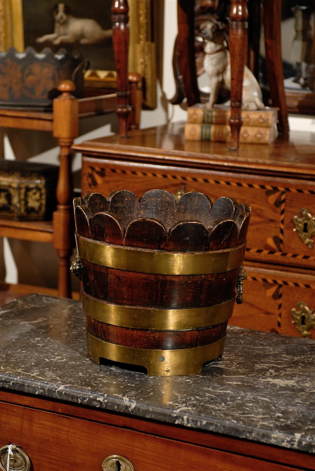 English Wooden Bucket with Brass Bands and Scalloped Top, circa 1900 4