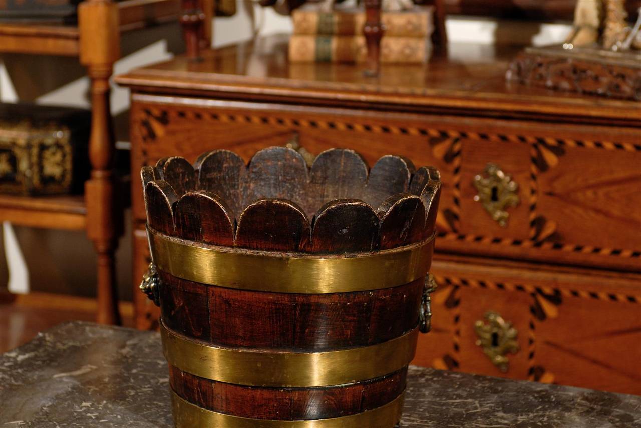 English Wooden Bucket with Brass Bands and Scalloped Top, circa 1900 1