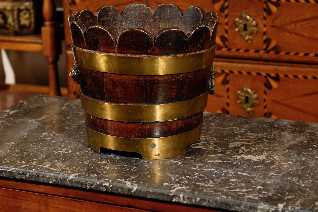 English Wooden Bucket with Brass Bands and Scalloped Top, circa 1900 3