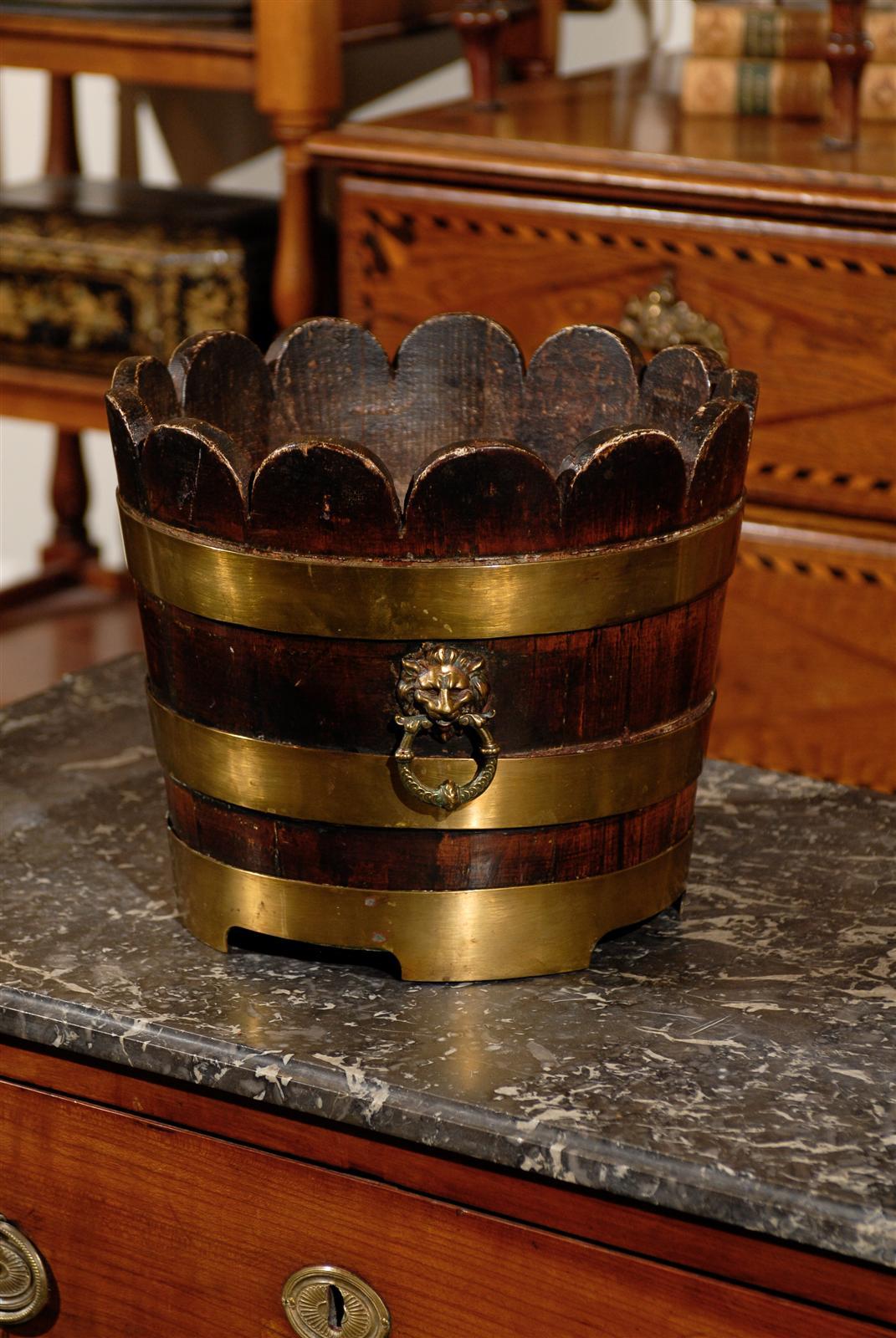 19th Century English Wooden Bucket with Brass Bands and Scalloped Top, circa 1900