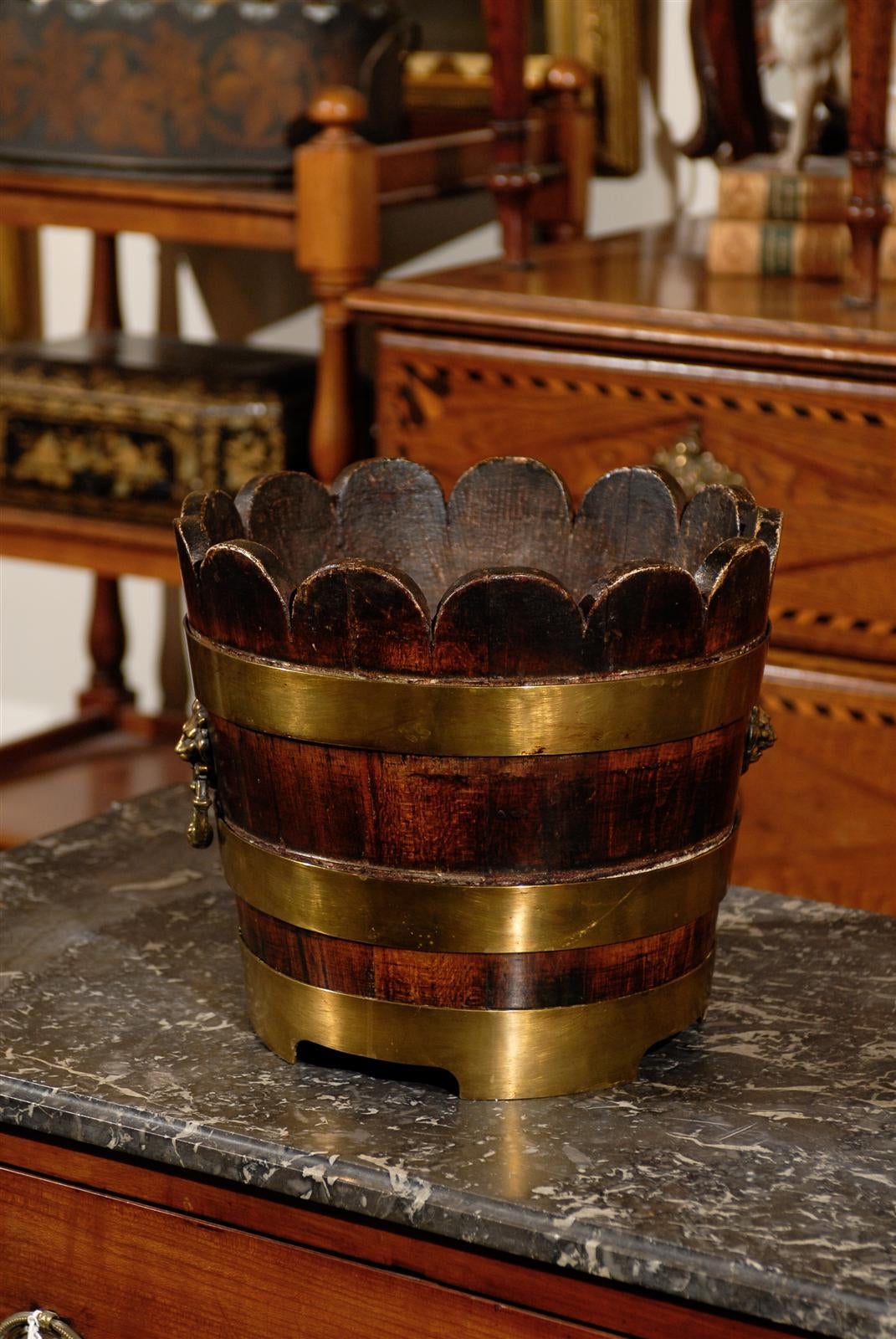 English Wooden Bucket with Brass Bands and Scalloped Top, circa 1900 2