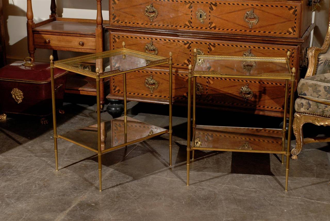 Pair of French Two-Tiered Bronze and Mirror Side Tables, Tapered Legs