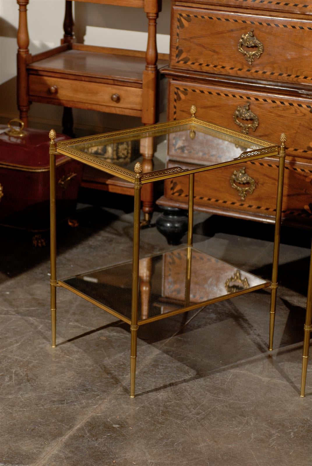 Pair of French Two-Tiered Bronze and Mirror Side Tables, Tapered Legs 1