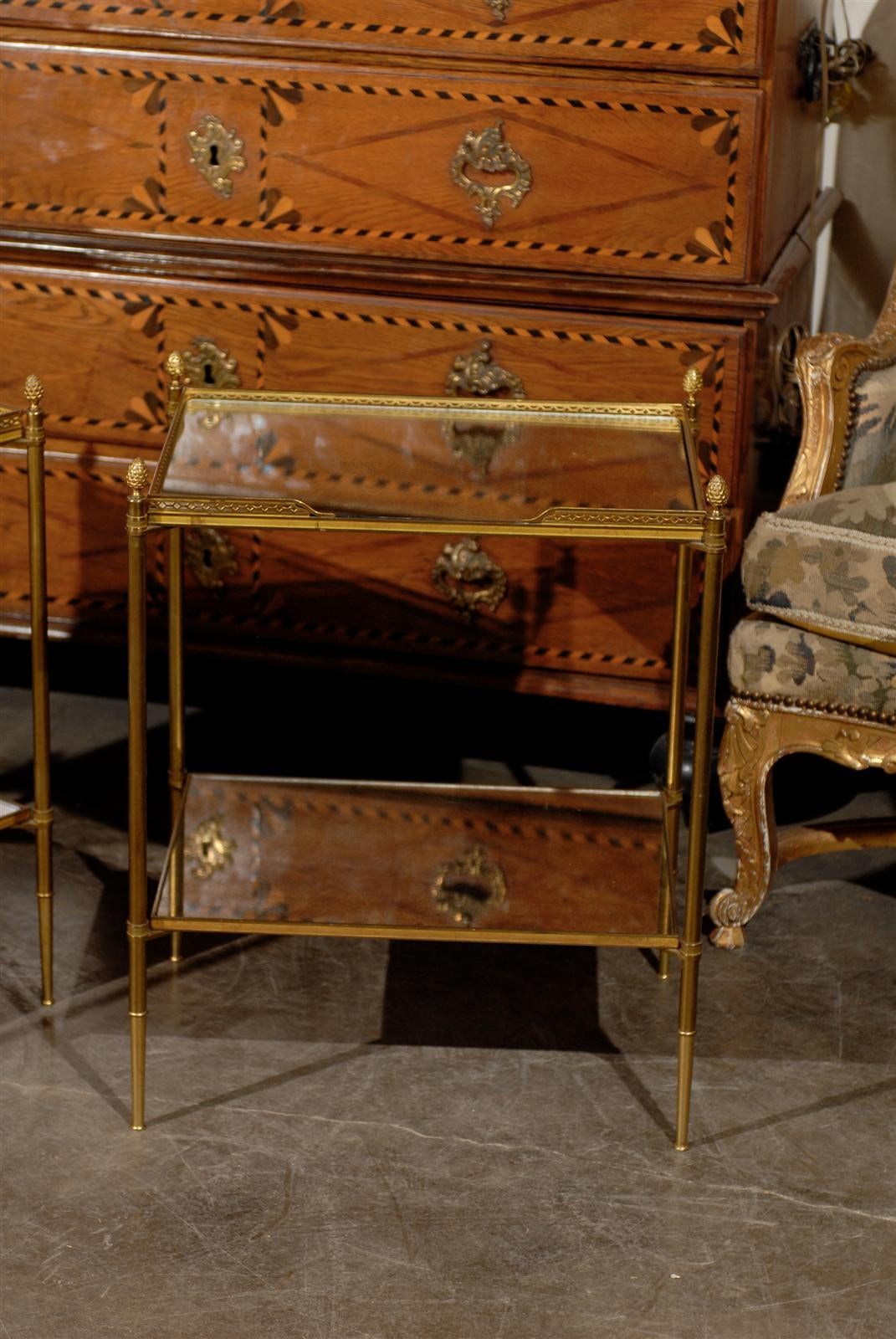 Pair of French Two-Tiered Bronze and Mirror Side Tables, Tapered Legs 2