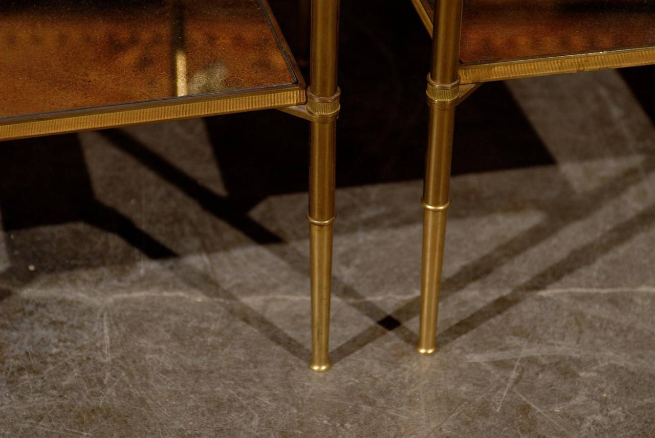 20th Century Pair of French Two-Tiered Bronze and Mirror Side Tables, Tapered Legs