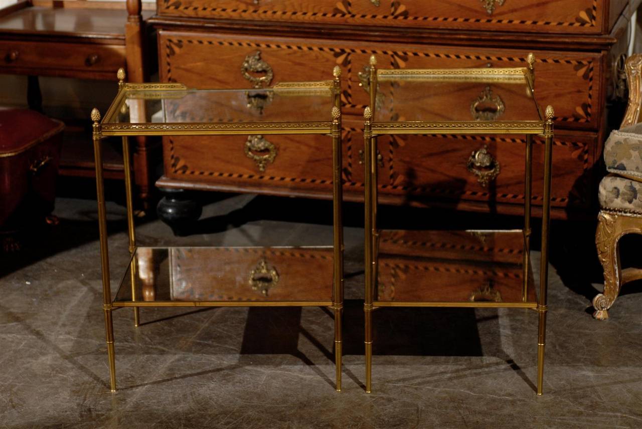 Pair of French Two-Tiered Bronze and Mirror Side Tables, Tapered Legs 4