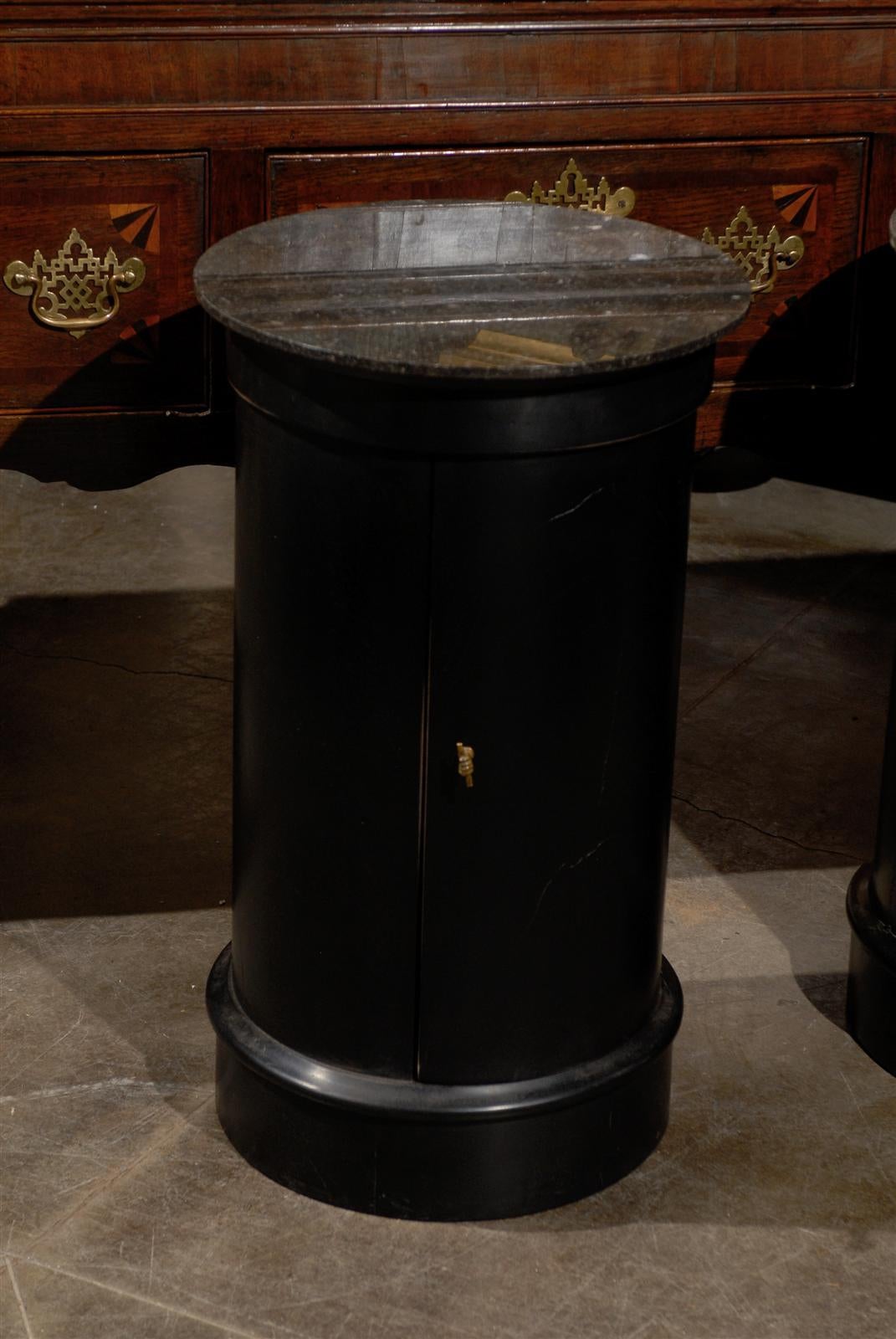 Pair of French Early 20th Century Ebonized Wood Column Tables with Marble Tops 2