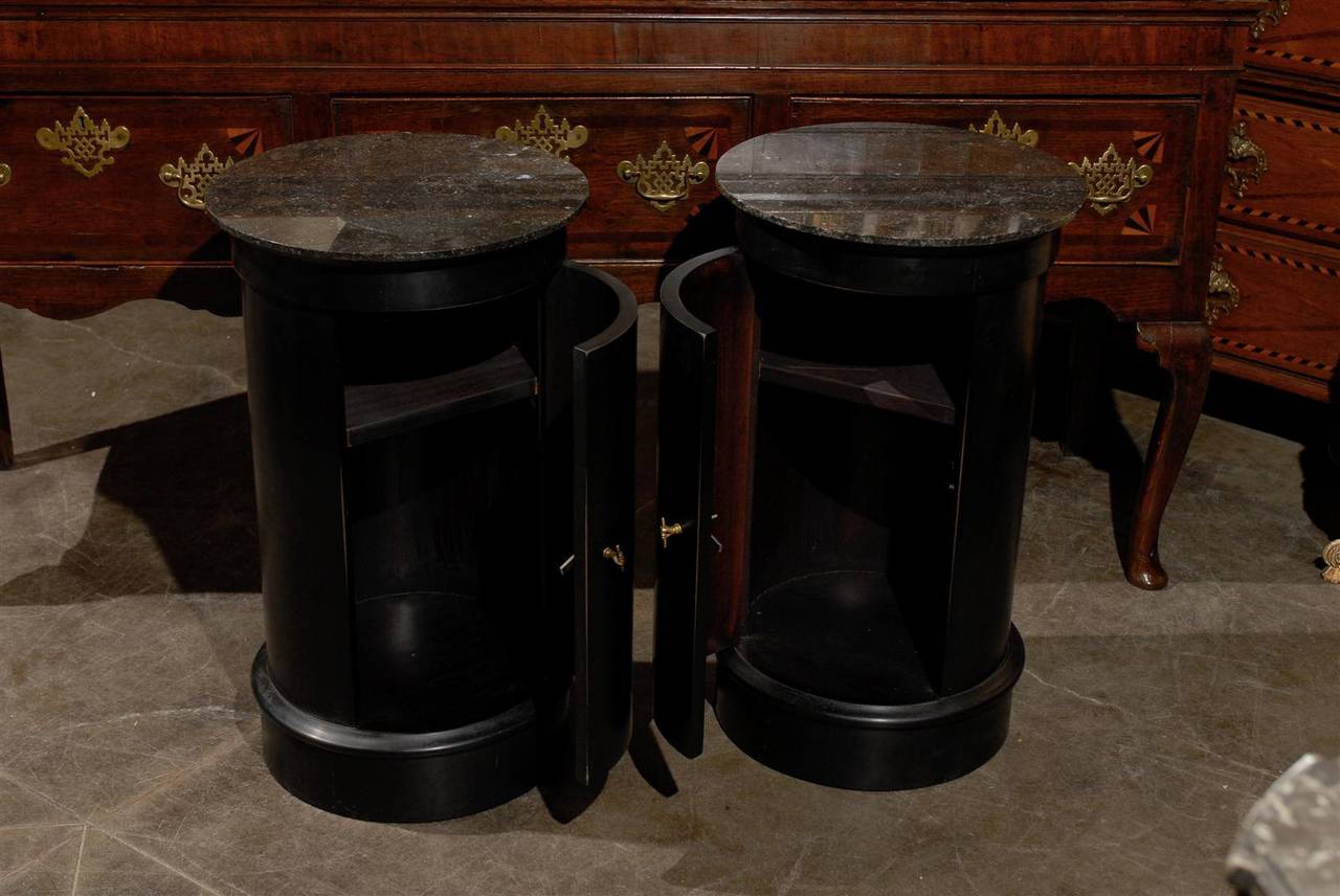 Pair of French Early 20th Century Ebonized Wood Column Tables with Marble Tops 3