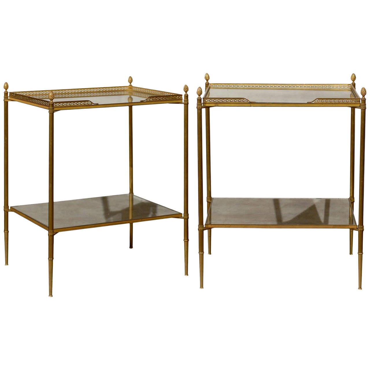 Pair of French TwoTiered Bronze and Mirror Side Tables, Tapered Legs