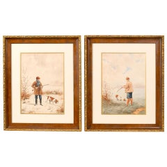 Pair of French Watercolor Paintings with Dogs and Hunters, Early 20th Century