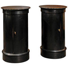 Pair of French Early 20th Century Ebonized Wood Column Tables with Marble Tops Pair of French Early 20th Century Ebonized Wood Column Tables with Marble Tops