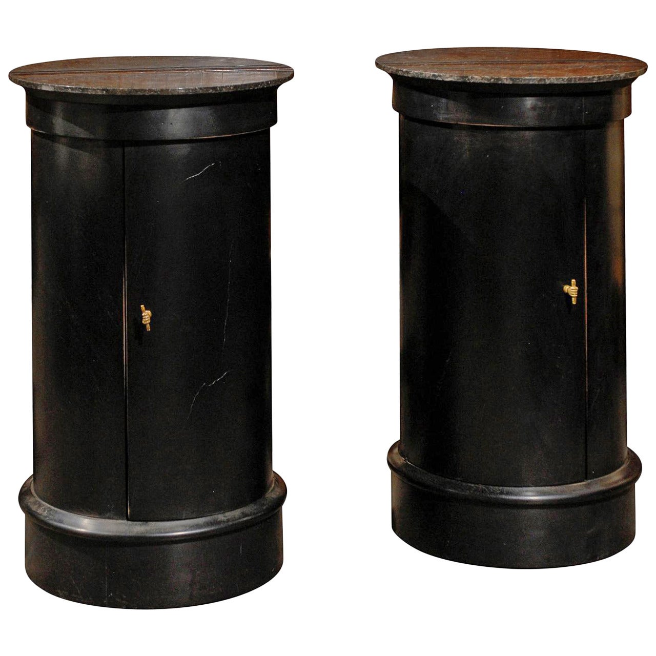 Pair of French Early 20th Century Ebonized Wood Column Tables with Marble Tops