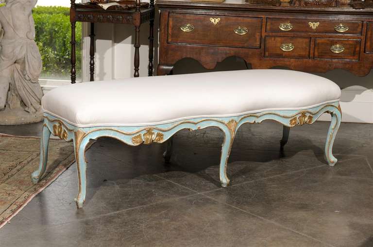 Italian Rococo Style Mid-19th Century Painted and Gilded Upholstered Bench
