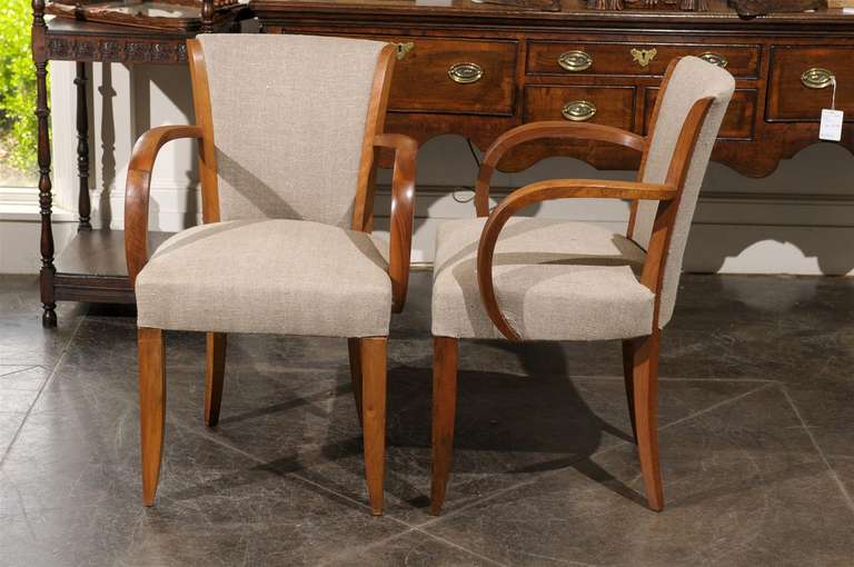 20th Century Pair of French, 1920s, Art Deco Armchairs with Upholstered Backs and Seats