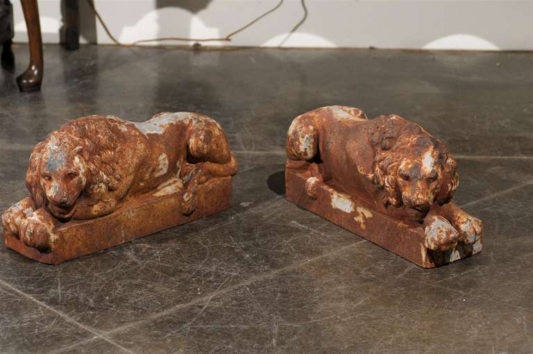 This petite pair of French iron sculptures from the turn of the century (19th to 20th) features two reclining lions, peacefully resting on a rectangular base. A lot of attention has been paid to the details, giving these lions a very lifelike