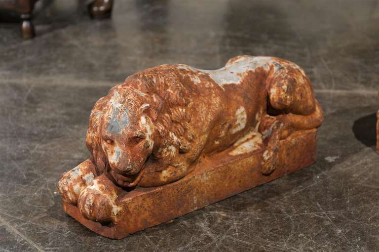 Pair of Petite French Patinated Iron Reclining Lions, Turn of the Century For Sale 3