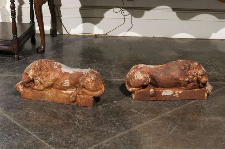 20th Century Pair of Petite French Patinated Iron Reclining Lions, Turn of the Century For Sale
