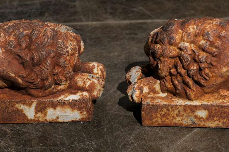 Pair of Petite French Patinated Iron Reclining Lions, Turn of the Century For Sale 4
