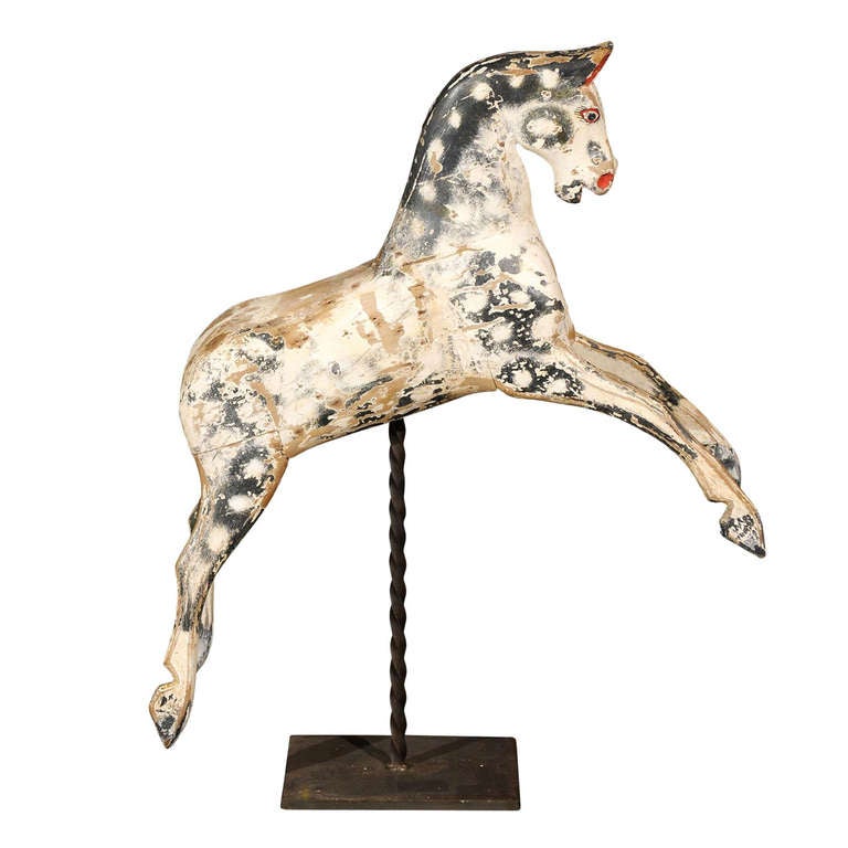 English Painted Wooden Horse Sculpture on Stand from the Mid19th