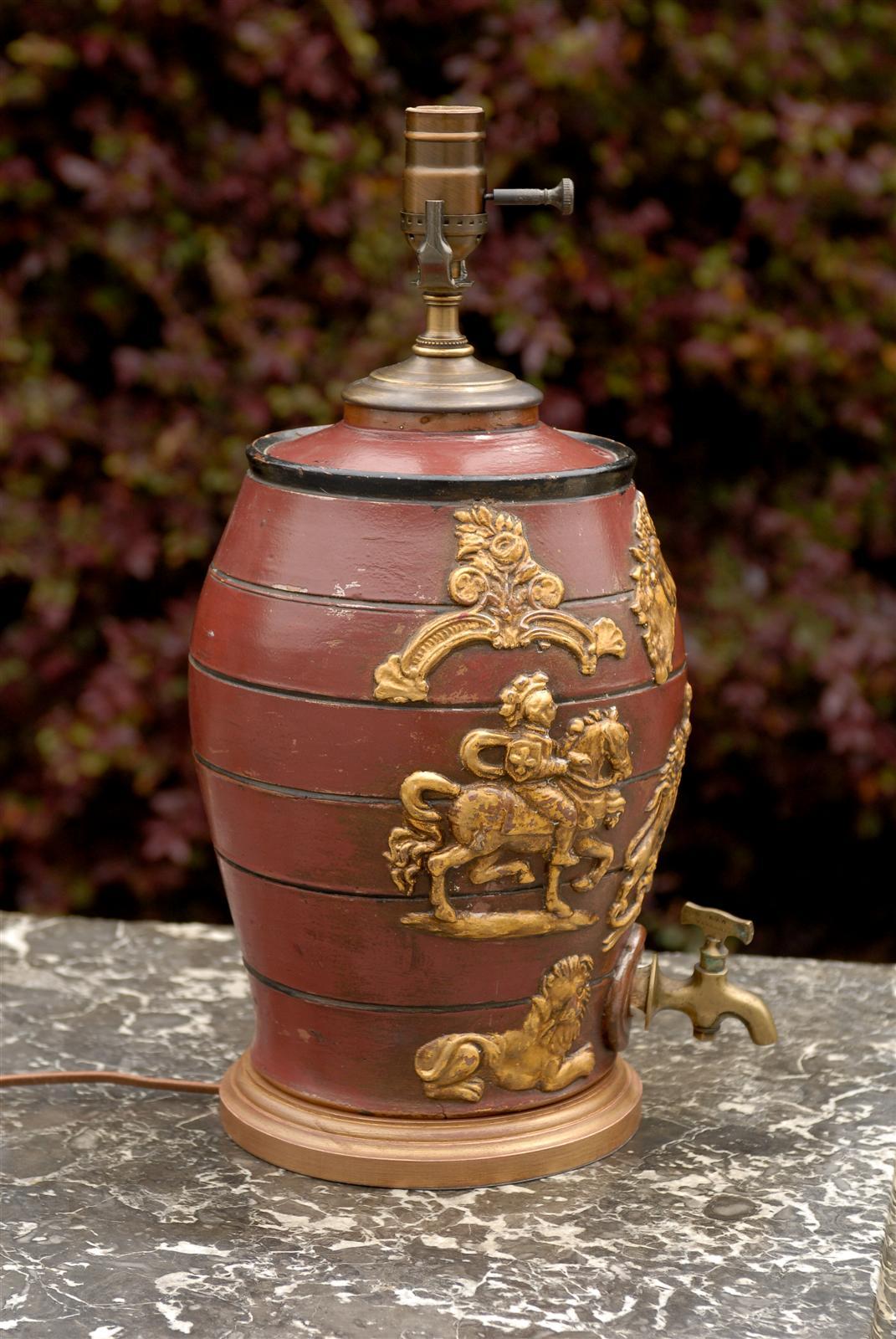 English 19th Century Red Spirit Barrel with Gilt Motifs Made into a Table Lamp For Sale 4