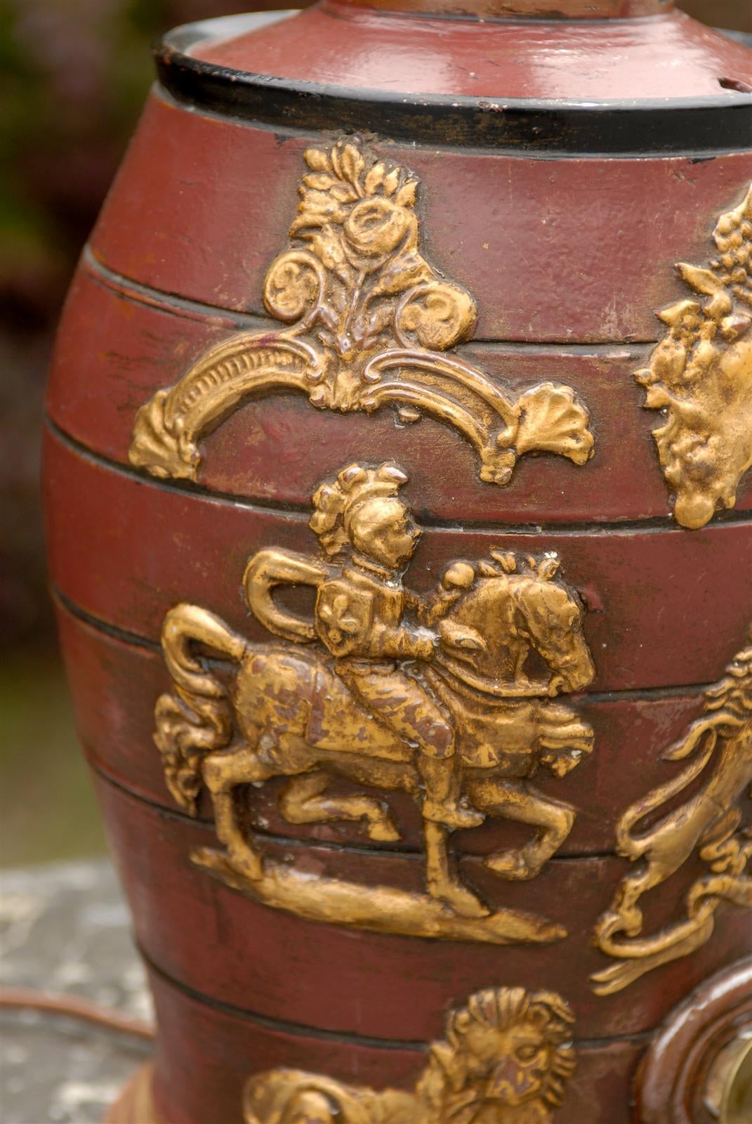 Pottery English 19th Century Red Spirit Barrel with Gilt Motifs Made into a Table Lamp For Sale