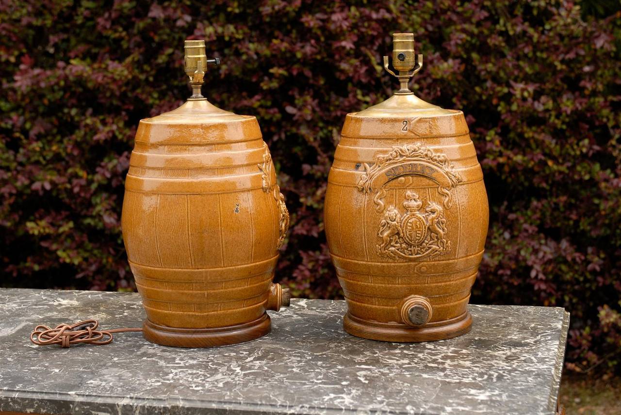 Pair of English Stoneware Spirit Barrel Lamps from the Mid-19th Century 7