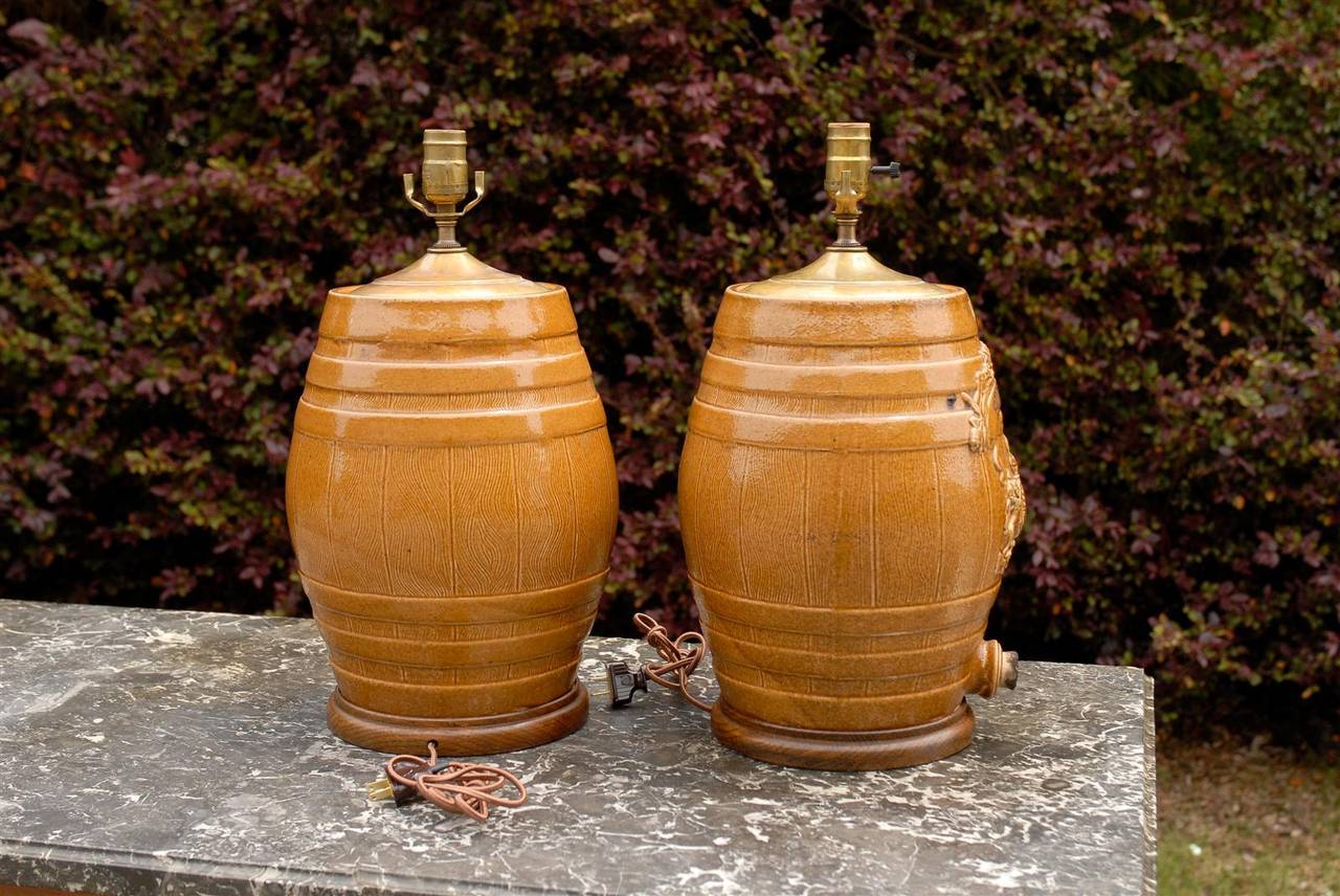 Pair of English Stoneware Spirit Barrel Lamps from the Mid-19th Century 2