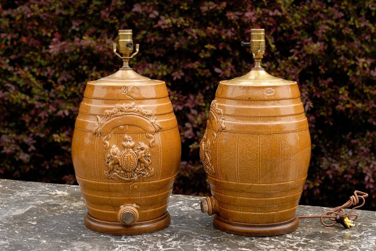 Pair of English Stoneware Spirit Barrel Lamps from the Mid-19th Century 3