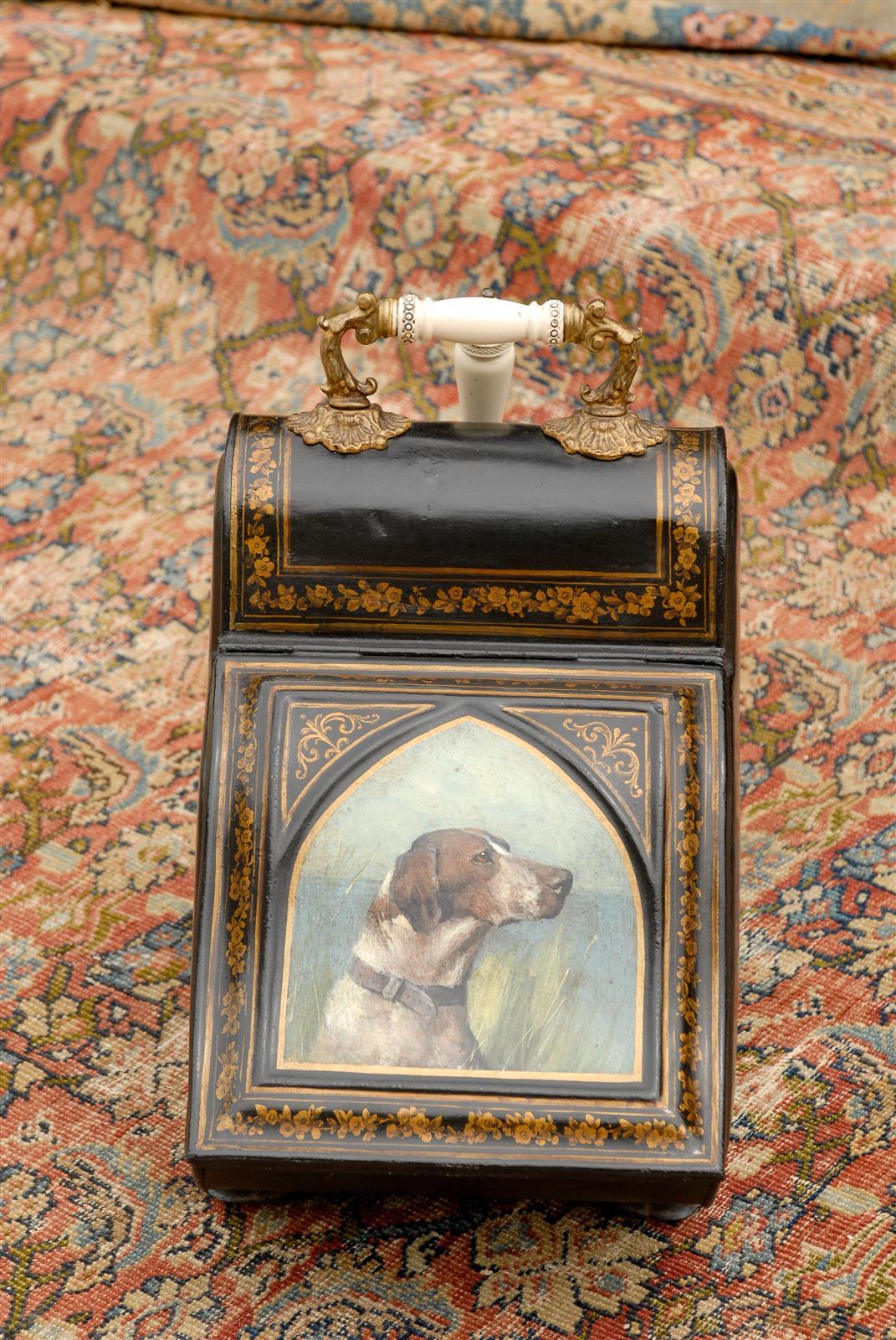 Bronze English Coal Scuttle with Sporting Dog Head Painting on Painted Tole circa 1880
