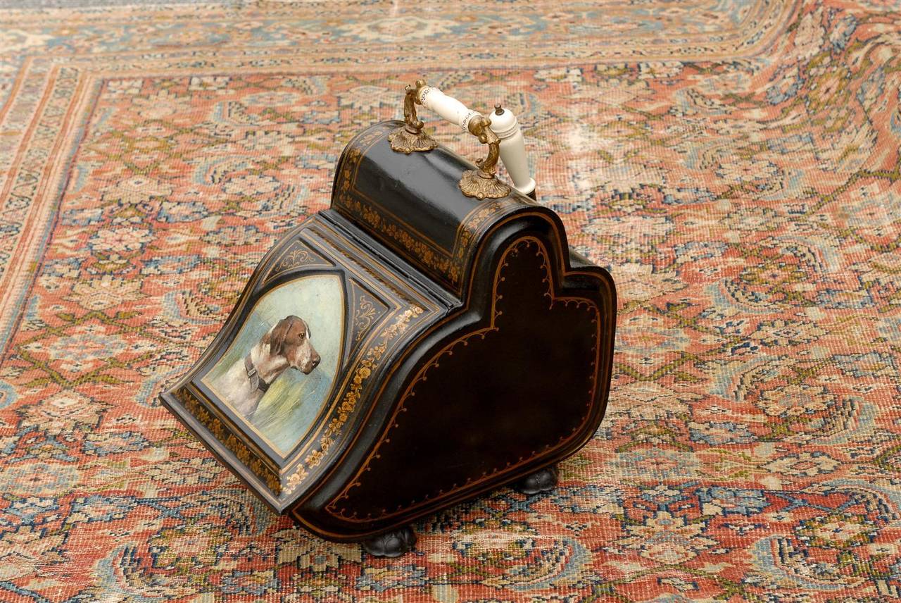English Coal Scuttle with Sporting Dog Head Painting on Painted Tole circa 1880 2
