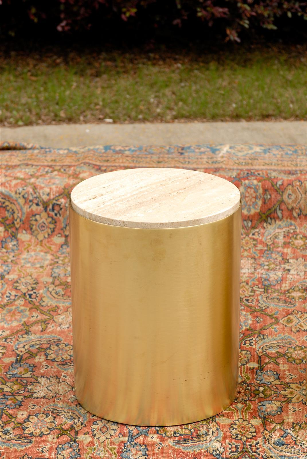 Pair of Round Brass Tables with Stone Tops at 1stdibs