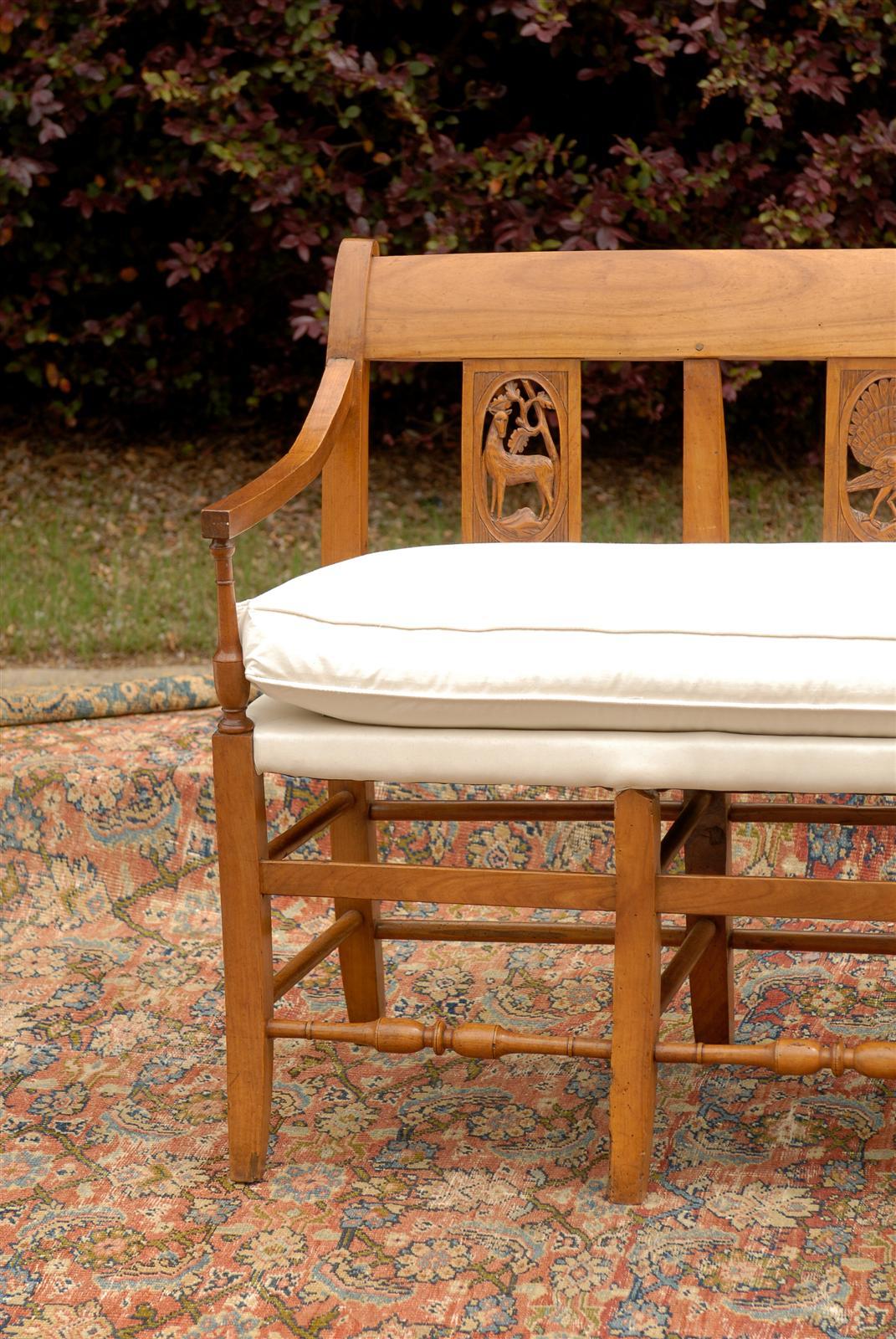 French Mid-19th Century Wooden Bench with Carved Back and Upholstered Seat 3