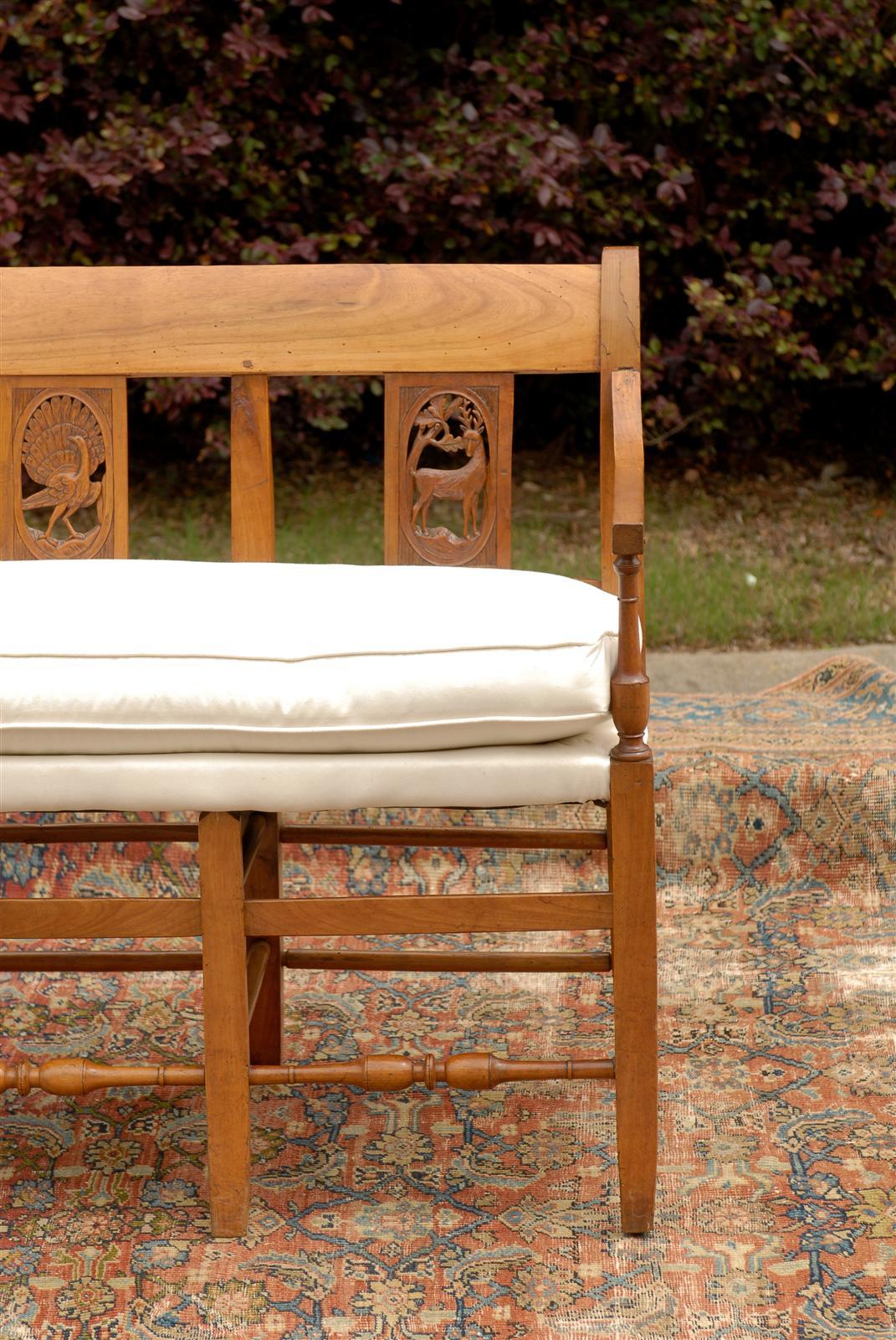 French Mid-19th Century Wooden Bench with Carved Back and Upholstered Seat 4