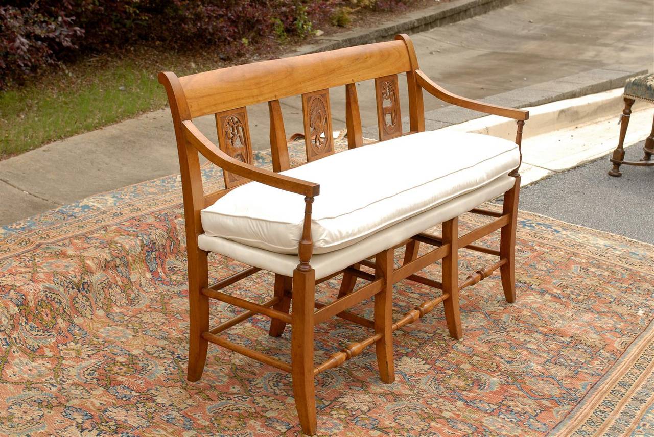 French Mid-19th Century Wooden Bench with Carved Back and Upholstered Seat 5