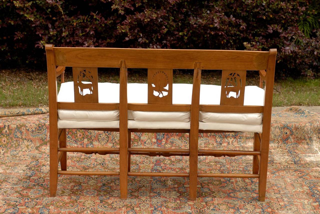 French Mid-19th Century Wooden Bench with Carved Back and Upholstered Seat 6