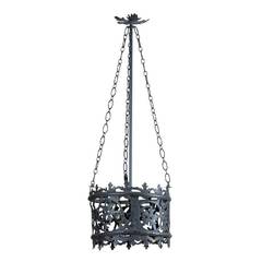 Italian Vintage Round Wrought Iron Chandelier with Frosted Glass