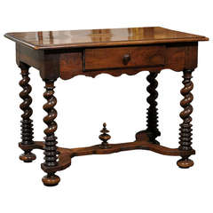 19th Century French Walnut Barley Twist, Bobbin-Turned Side Table with Stretcher