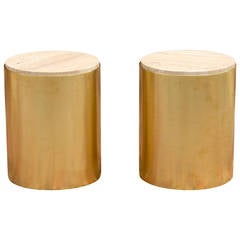 Pair of Round Brass Tables with Stone Tops