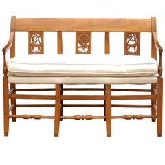 French Mid-19th Century Wooden Bench with Carved Back and Upholstered Seat