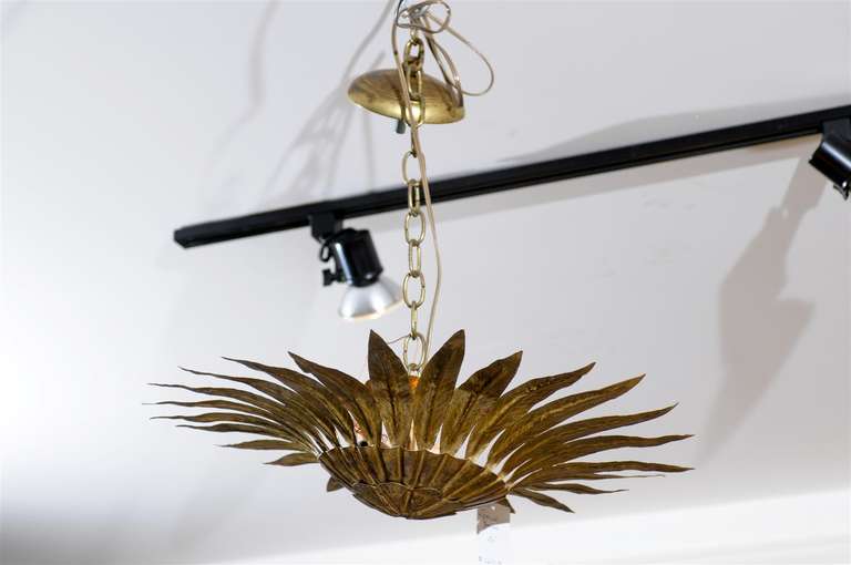 Spanish Semi-Flush Gilt Metal Sunburst Light Fixture with Carved Pointing Leaves 2