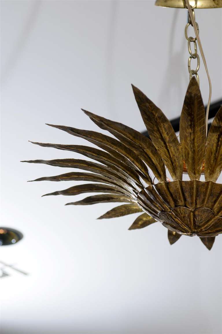 Spanish Semi-Flush Gilt Metal Sunburst Light Fixture with Carved Pointing Leaves 1