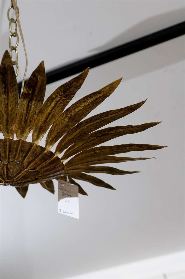 20th Century Spanish Semi-Flush Gilt Metal Sunburst Light Fixture with Carved Pointing Leaves