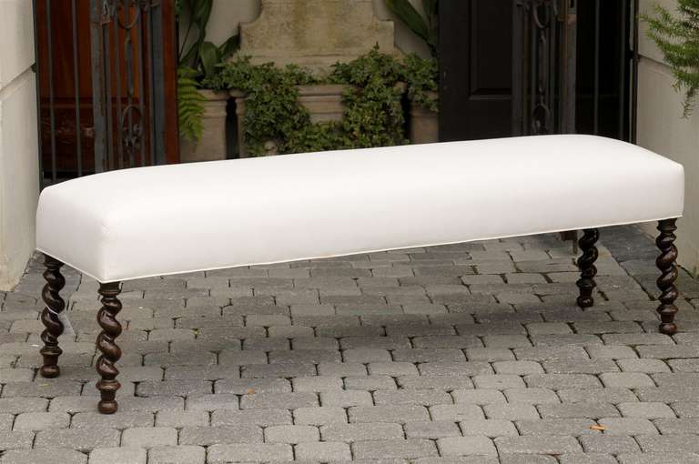 Long upholstered French Bench with Barley twist legs. 3 benches available each priced separately.