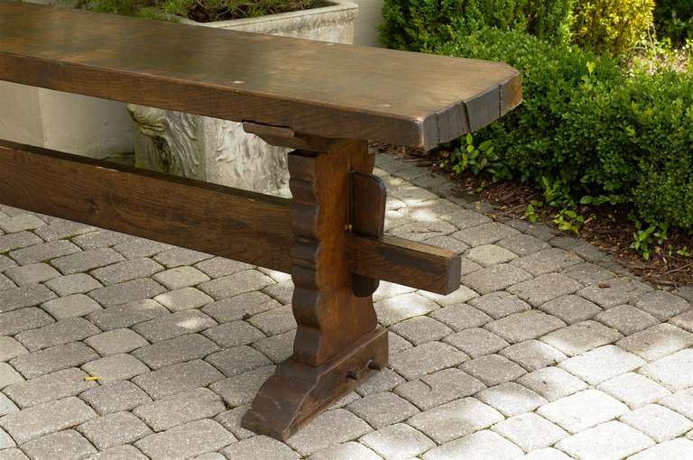 19th Century English Long and Narrow Trestle Table with Tick Single-Plank Top, circa 1860