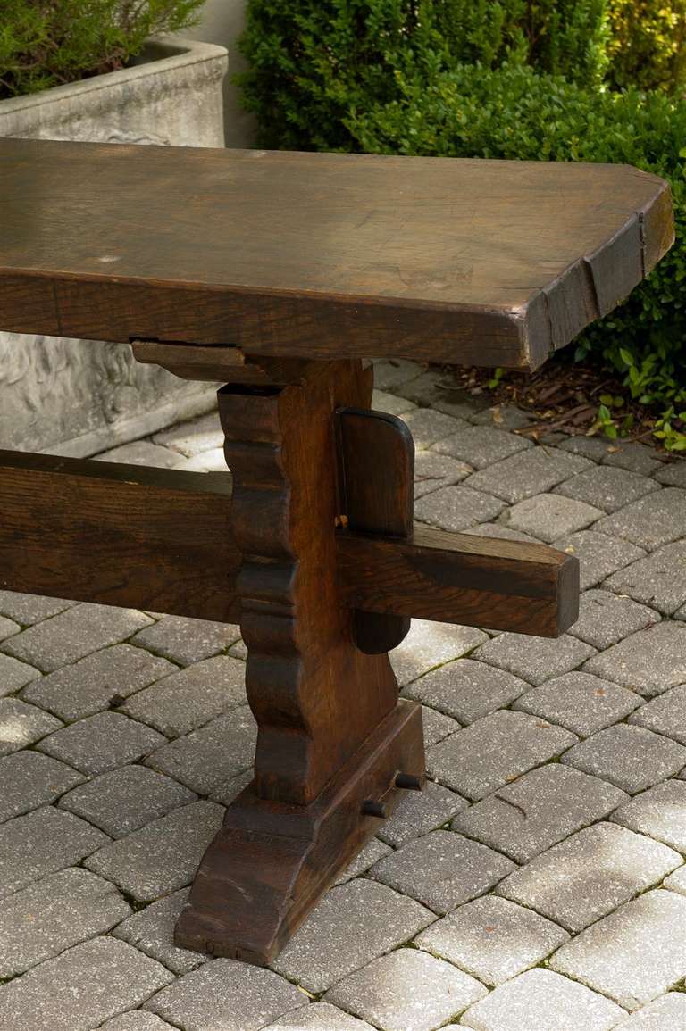 Wood English Long and Narrow Trestle Table with Tick Single-Plank Top, circa 1860