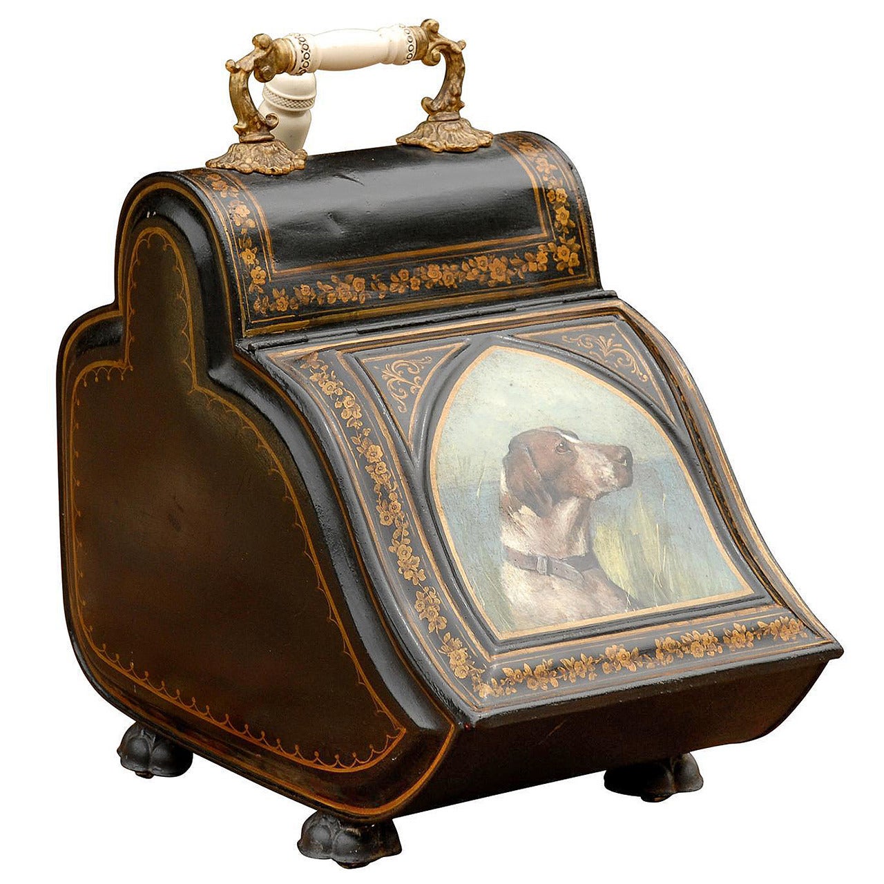 English Coal Scuttle with Sporting Dog Head Painting on Painted Tole circa 1880