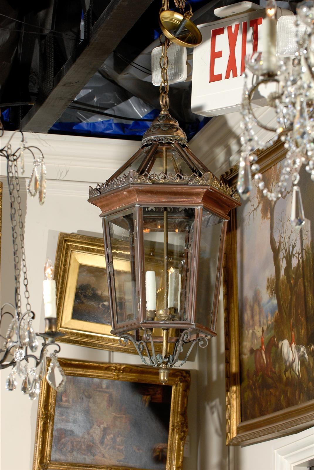 Pair of Copper 19th century lanterns with new wiring and wax sleeves.