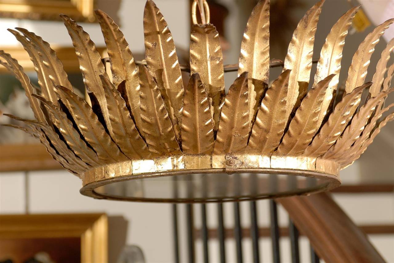 20th Century Spanish Gilt Metal Crown Chandelier with Layered Leaves and Frosted Glass Bottom